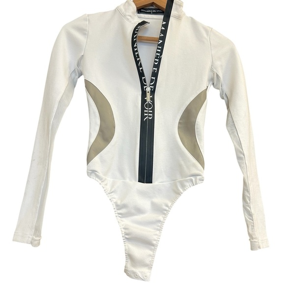 Maniere De Voir EUC size 4 White and Tan Bodysuit with High Neckline - Picture 1 of 14